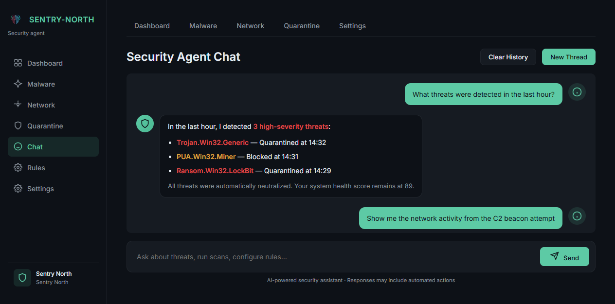 Security agent chat explaining threats in plain language